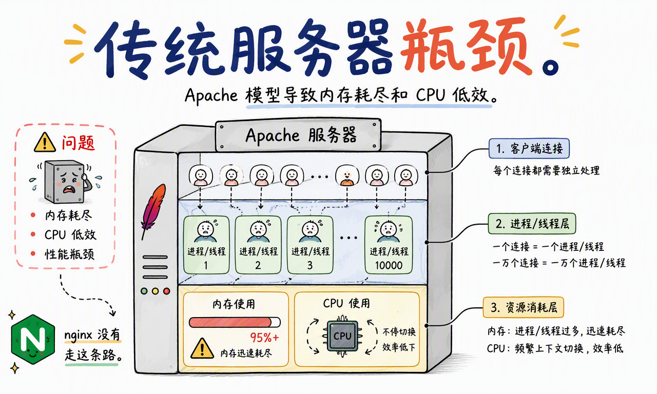 传统 Apache 服务器使用进程或线程承载连接时的资源瓶颈