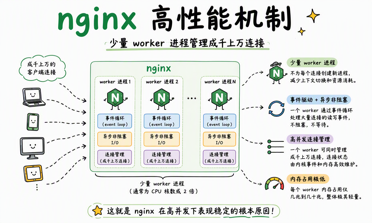 Nginx 使用 master 管理少量 worker,并让 worker 通过事件循环处理多个连接