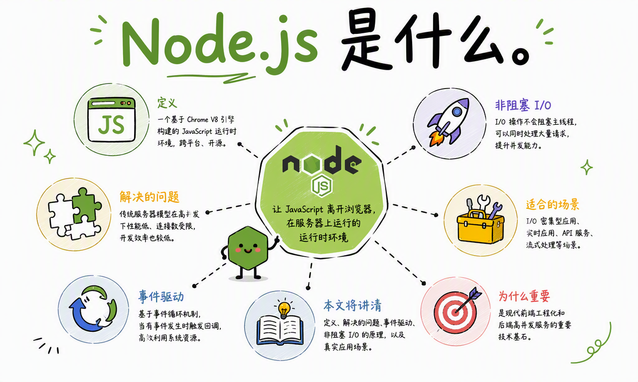 Node.js 的定义、核心组成、解决的问题与主要应用场景
