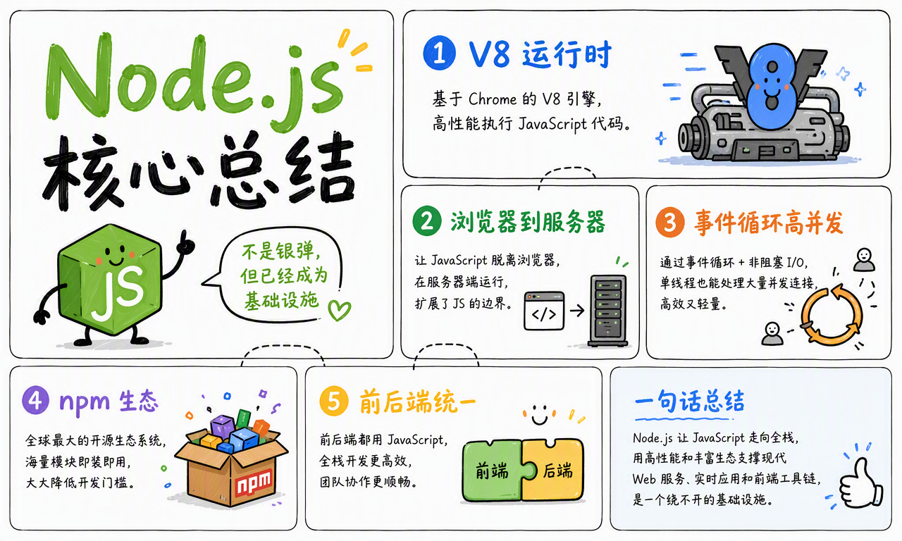 Node.js 的 V8、服务器能力、事件循环、npm 生态与前后端统一总结