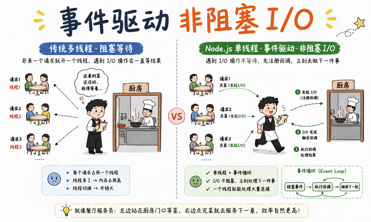 传统阻塞模型与 Node.js 事件驱动、非阻塞 I/O 模型的流程对比