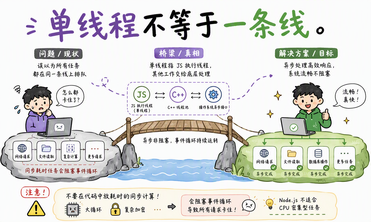 Node.js 单线程 JavaScript 与操作系统、libuv 线程池和后台线程的分工