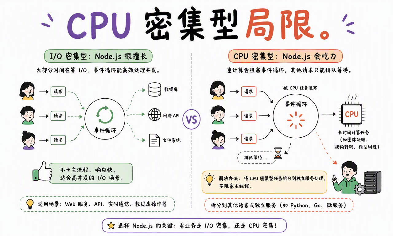 Node.js 在 I/O 密集型任务中的优势与 CPU 密集型任务中的局限