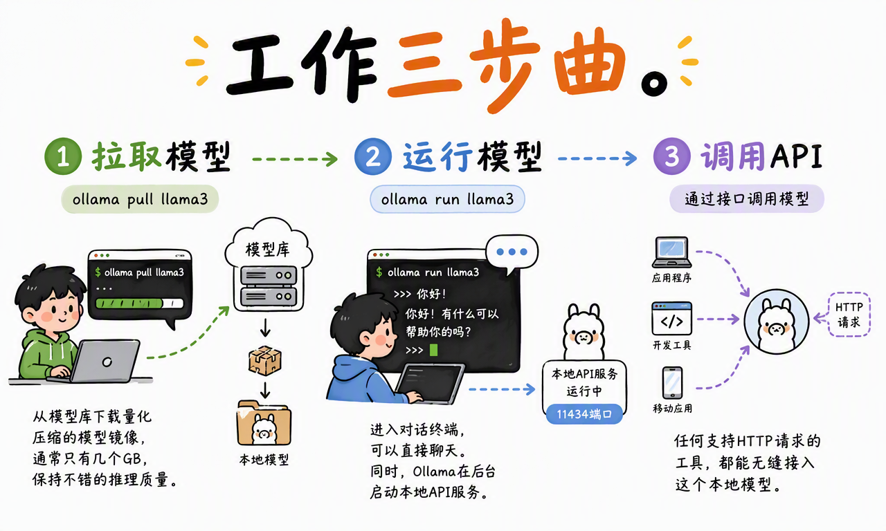 Ollama 的三步工作流:拉取模型、运行模型和调用本地 API