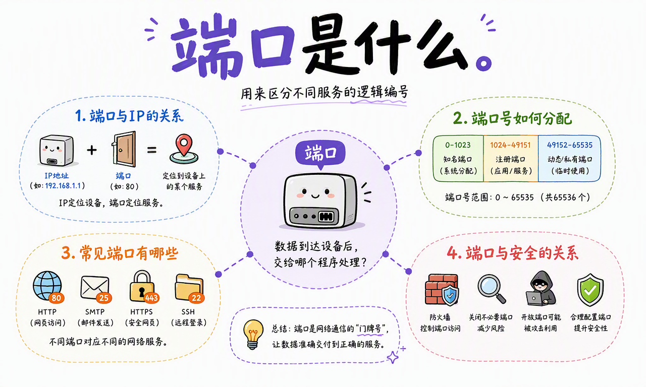 端口的核心作用:把到达设备的数据按服务编号交给正确程序,同时概览端口号范围、常见端口与安全关系