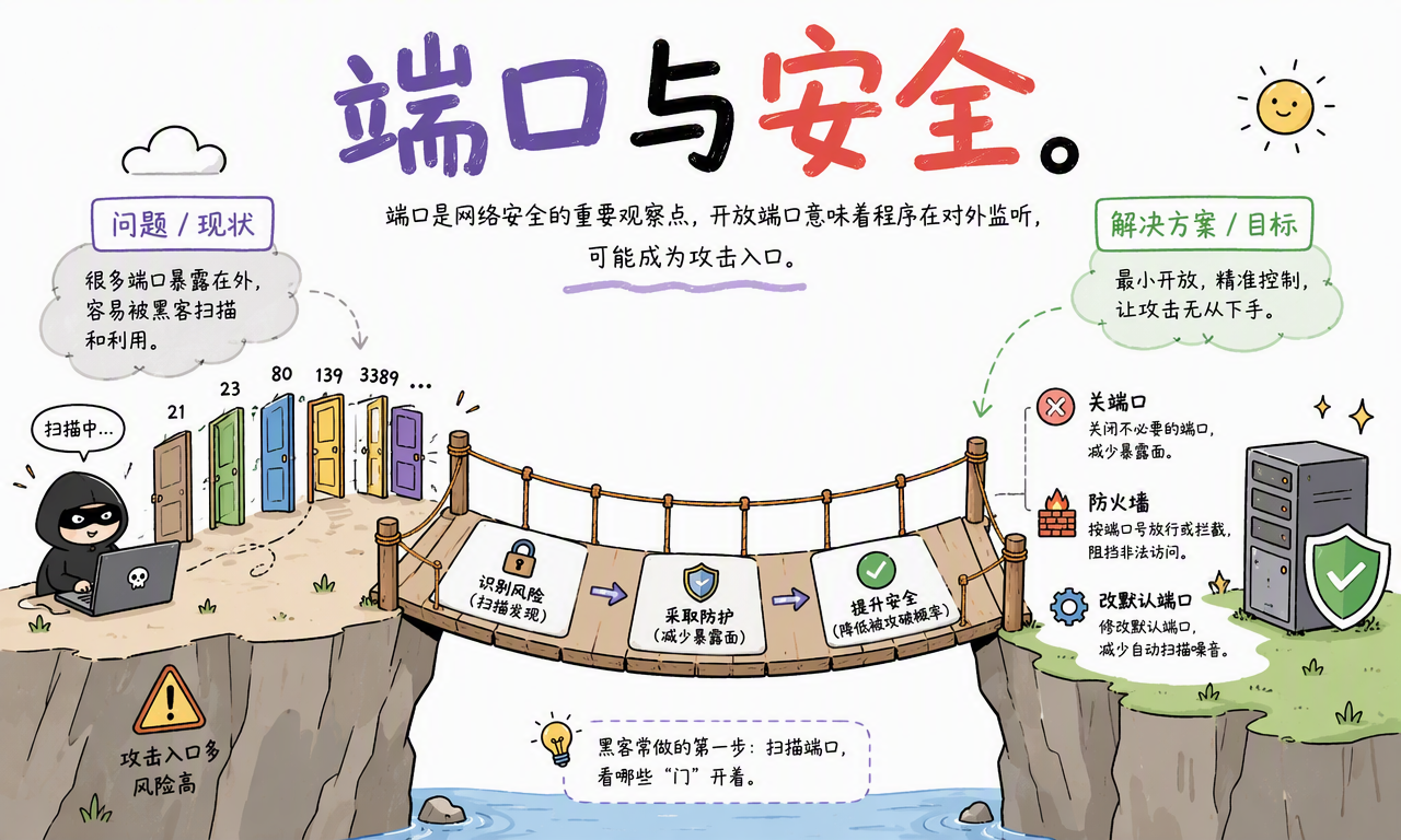 开放端口意味着服务在对外监听;最小化开放、使用防火墙和及时修补可降低暴露面