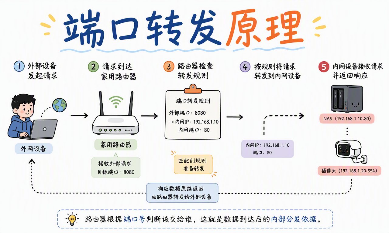 端口转发流程:路由器把外部 8080 端口的请求按规则转发到内网 NAS 的 192.168.1.10 的 80 端口