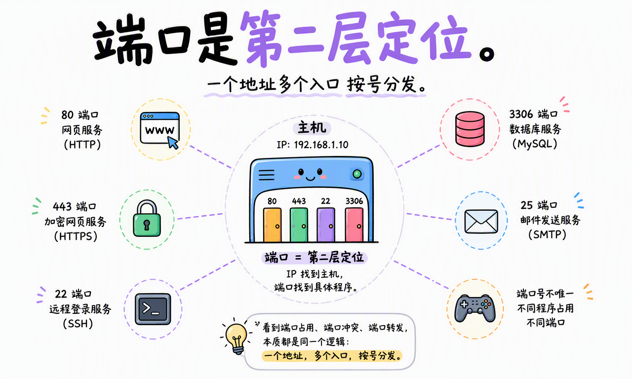 端口是 IP 地址之后的第二层定位:同一主机可通过 80、443、22、3306 等不同端口向多个服务分发数据