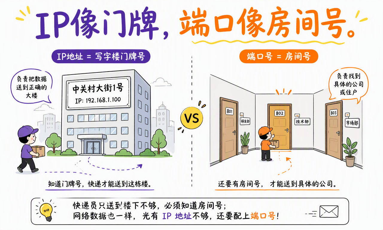 写字楼比喻:IP 地址像写字楼门牌号,端口号像楼内房间号;两者组合才能把数据送到具体服务
