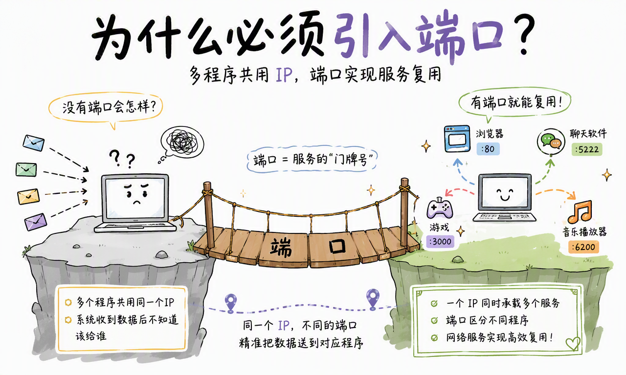 多个程序共用同一个 IP 时,端口把浏览器、聊天、游戏和音乐播放器的网络数据分发给对应程序