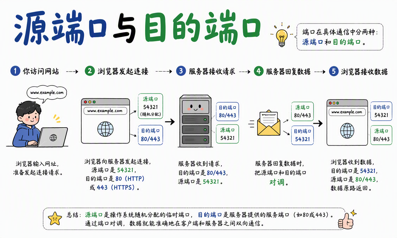 浏览器访问网站时使用临时源端口连接服务器的 80 或 443 目的端口,服务器回复时交换两端端口