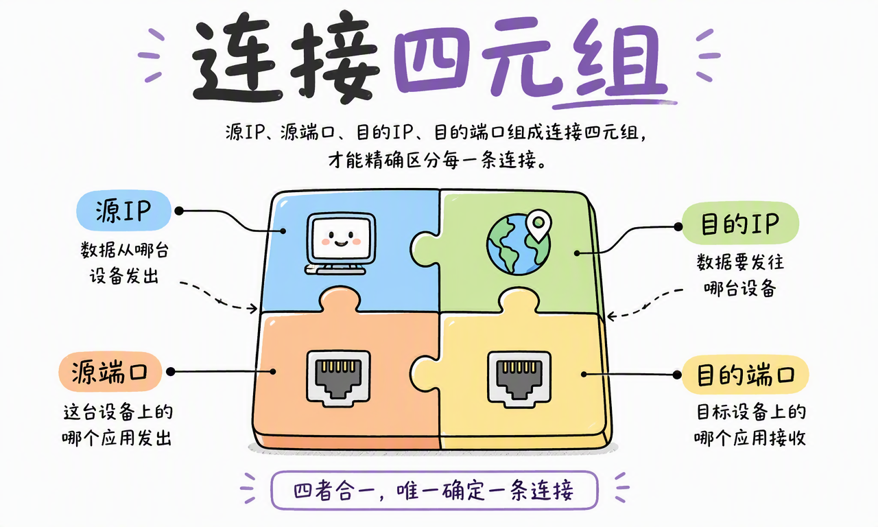 连接四元组由源 IP、源端口、目的 IP 和目的端口组成,用于精确区分每一条连接