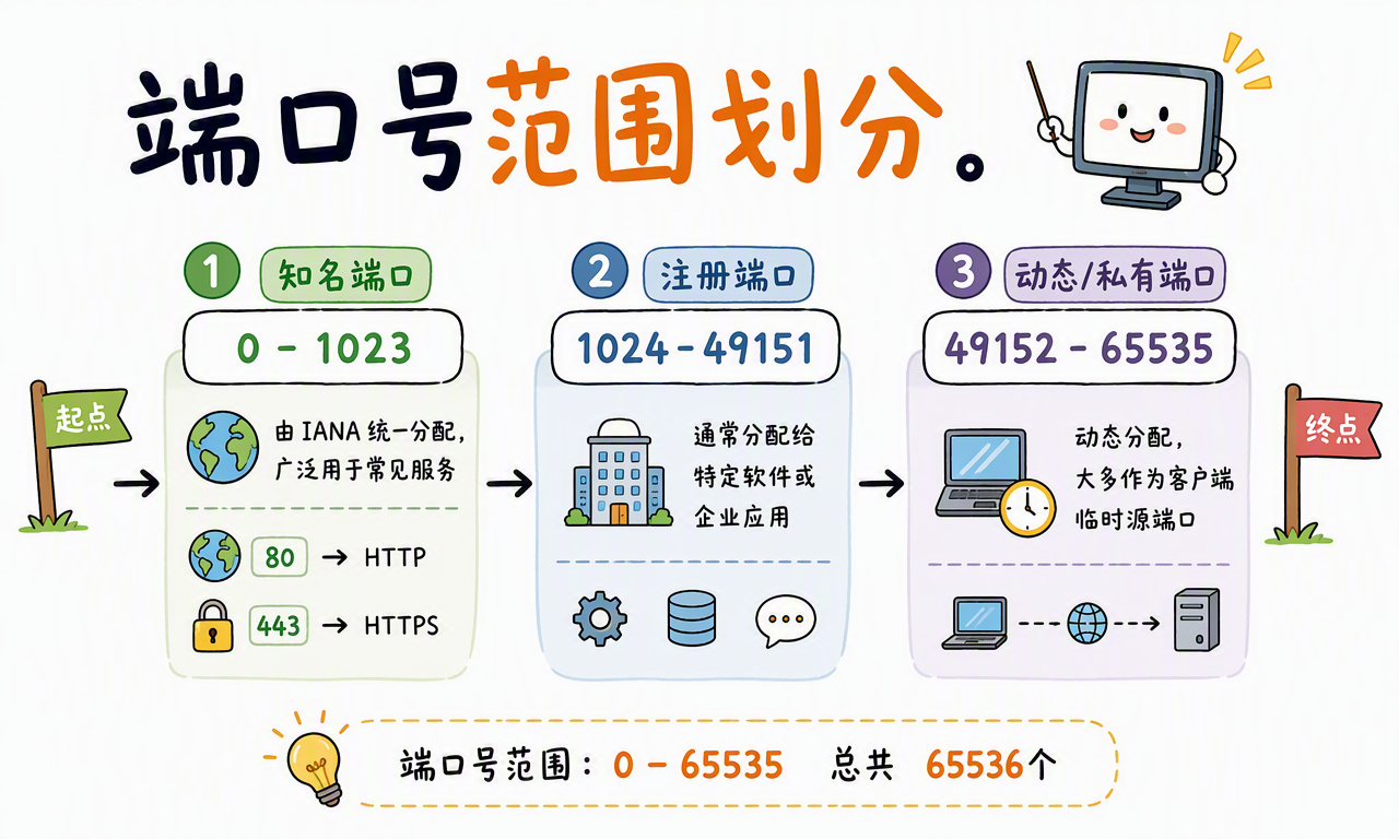 端口号范围分为知名端口 0 到 1023、注册端口 1024 到 49151,以及动态或私有端口 49152 到 65535
