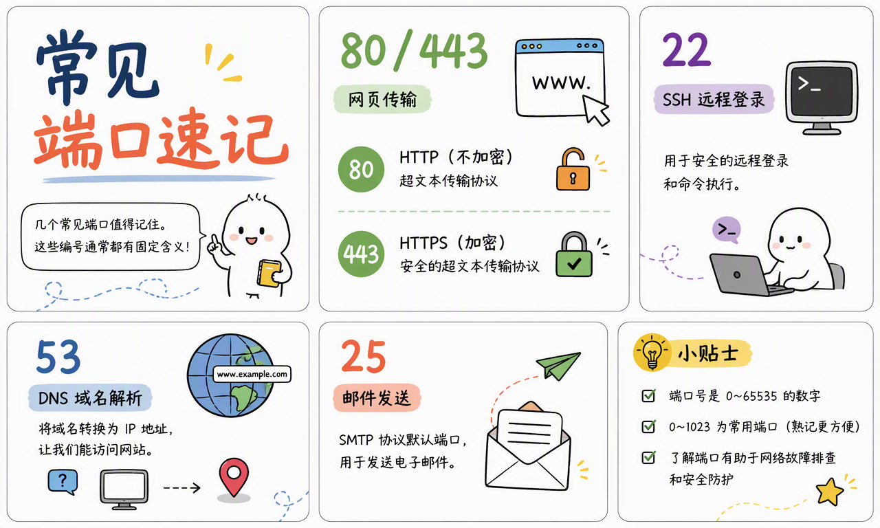 常见端口速记:80 和 443 用于网页传输,22 用于 SSH,53 用于 DNS,25 用于 SMTP 邮件发送