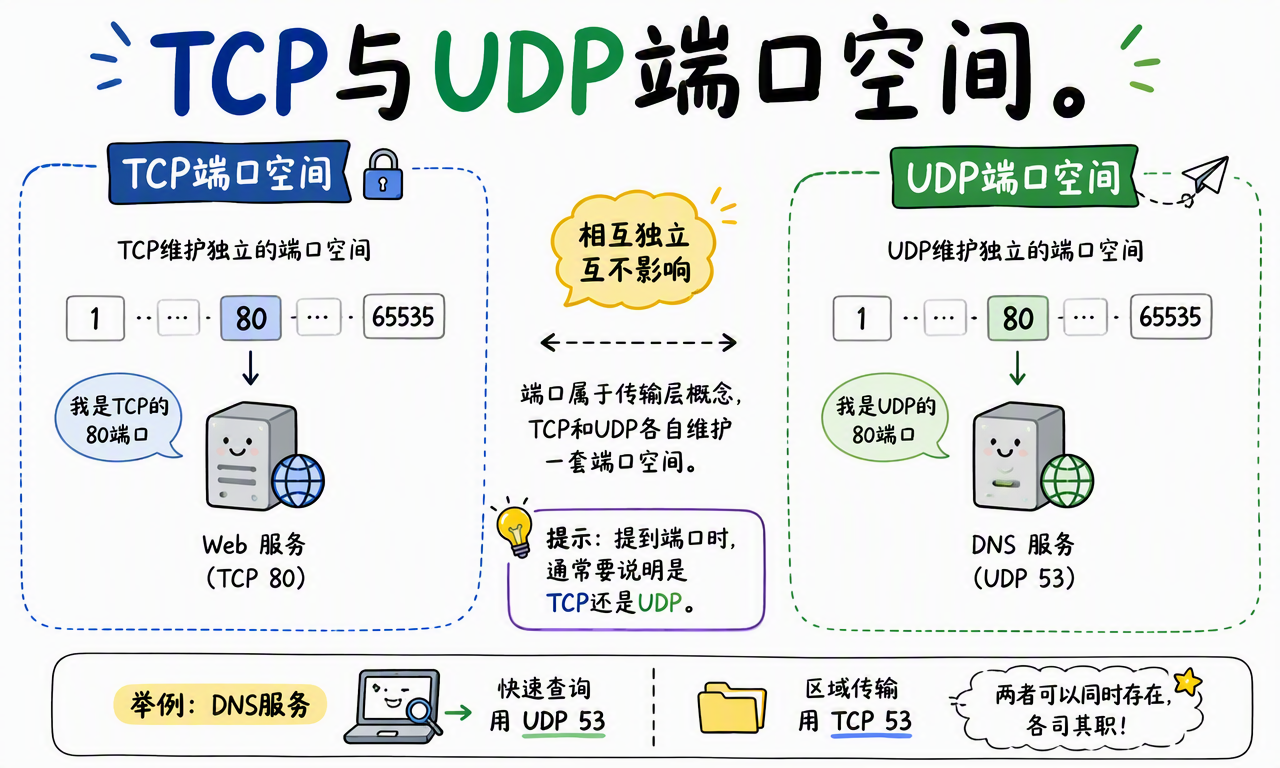 TCP 和 UDP 各自维护独立端口空间;DNS 可同时使用 UDP 53 处理快速查询和 TCP 53 处理区域传输等场景