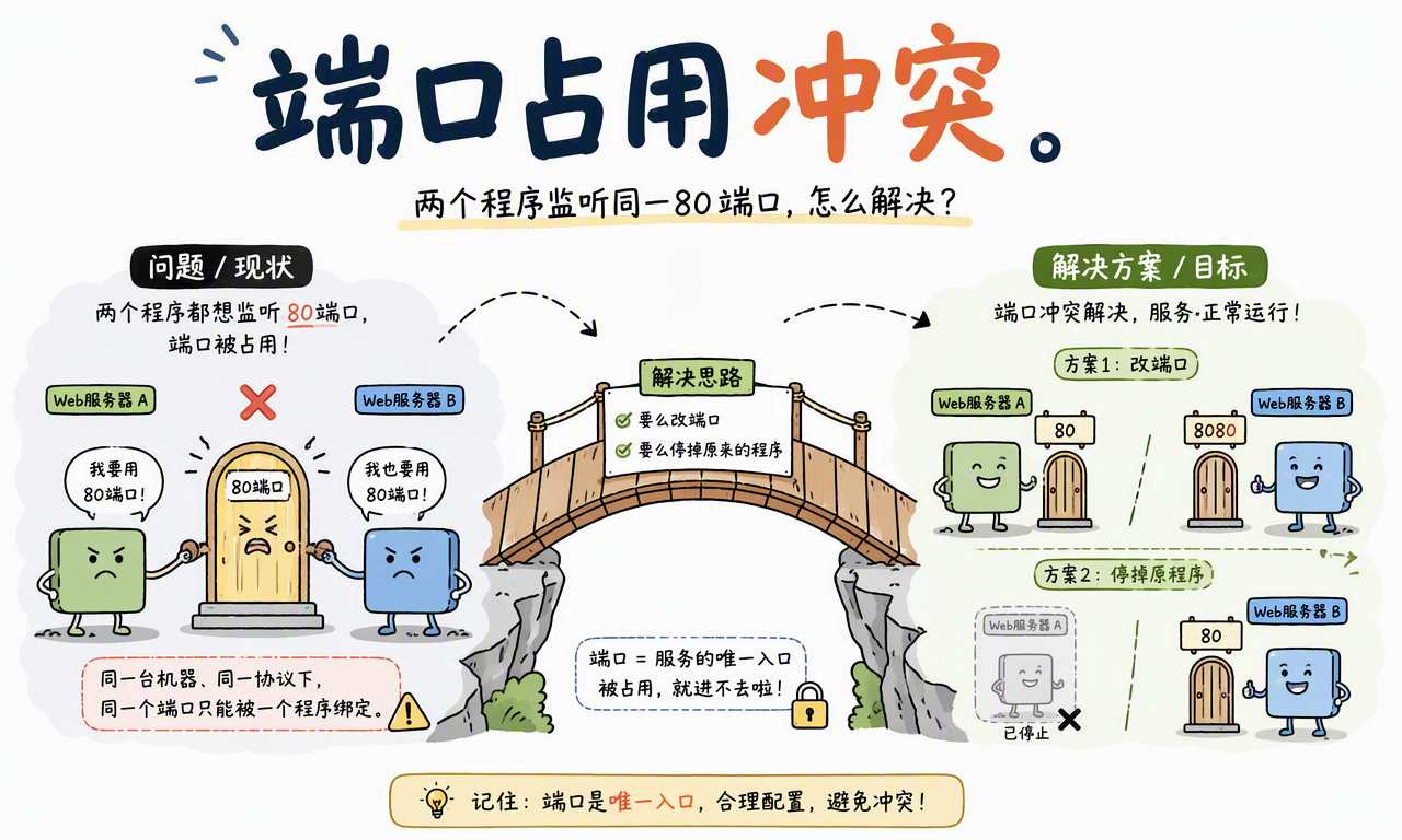 两个程序同时监听同一协议下的 80 端口会冲突;解决方法通常是改用其他端口或停止原来的程序