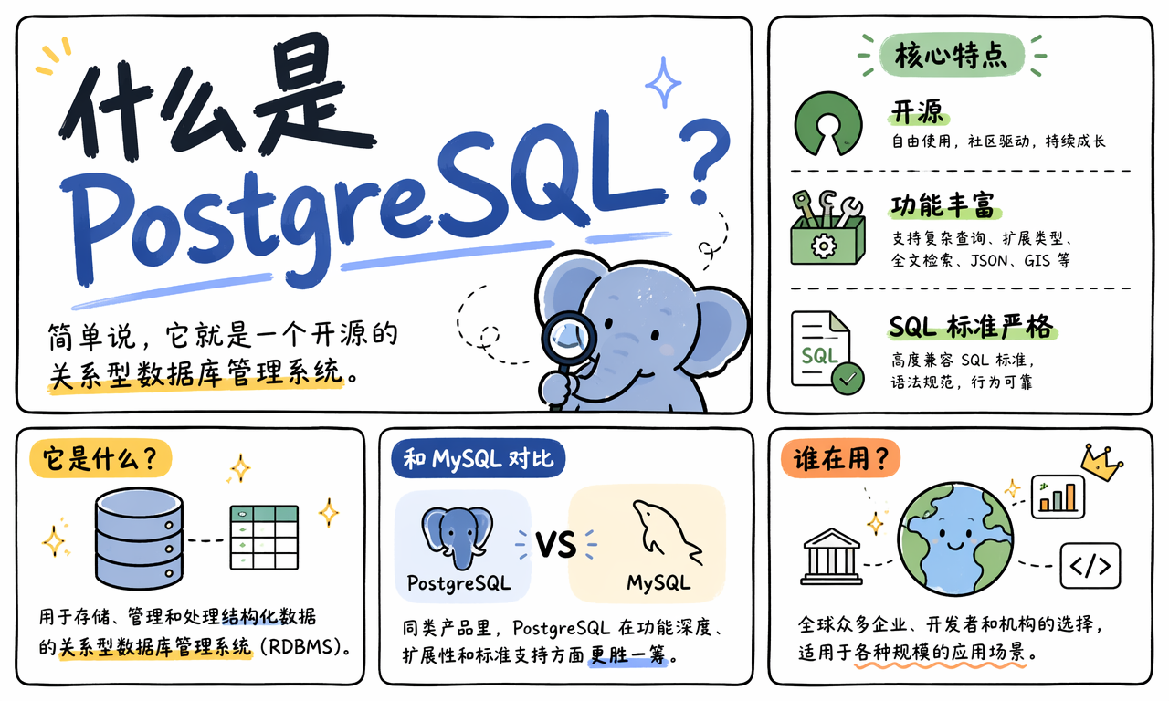 PostgreSQL 的定义、核心特点以及与 MySQL 的定位对比