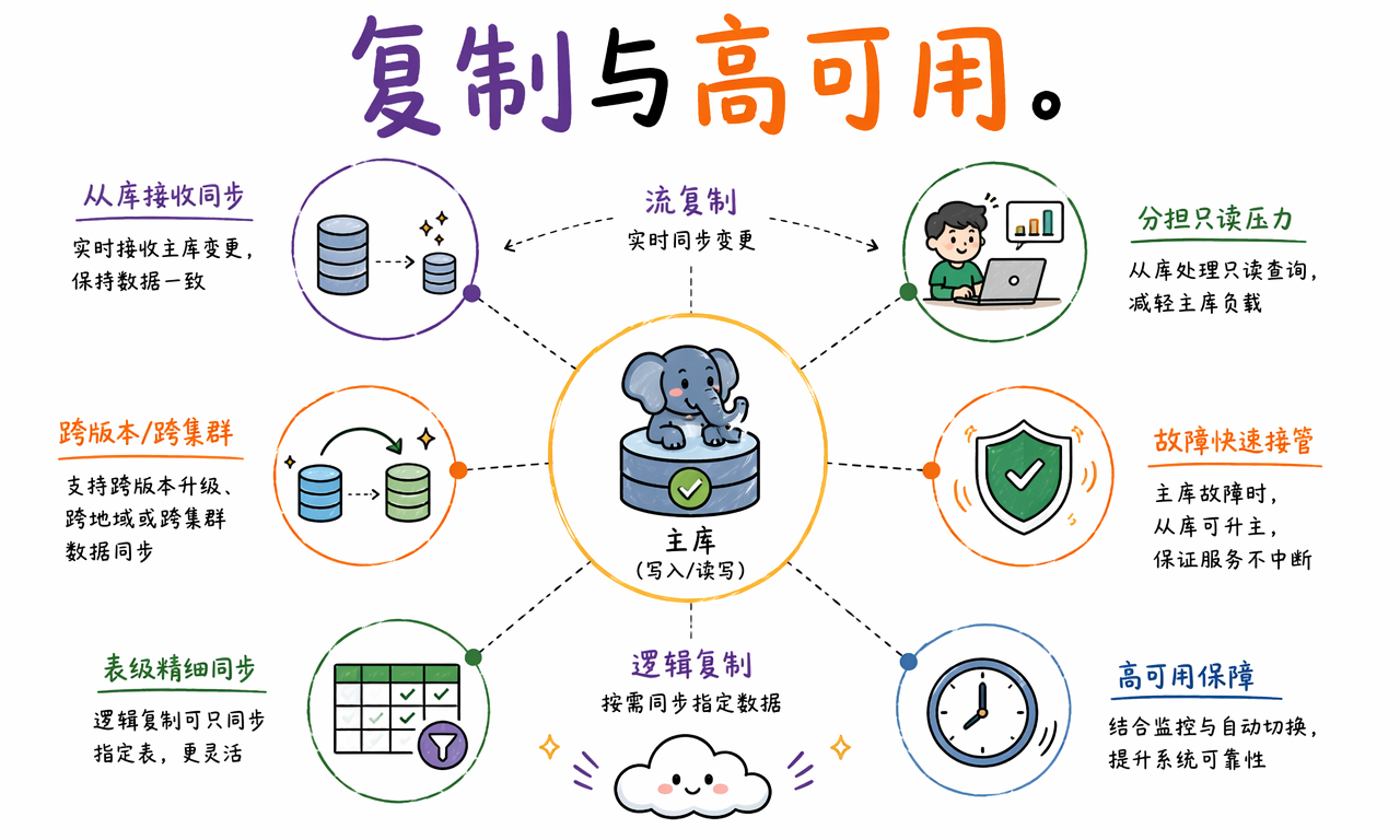 PostgreSQL 通过流复制、逻辑复制和故障切换支持高可用架构