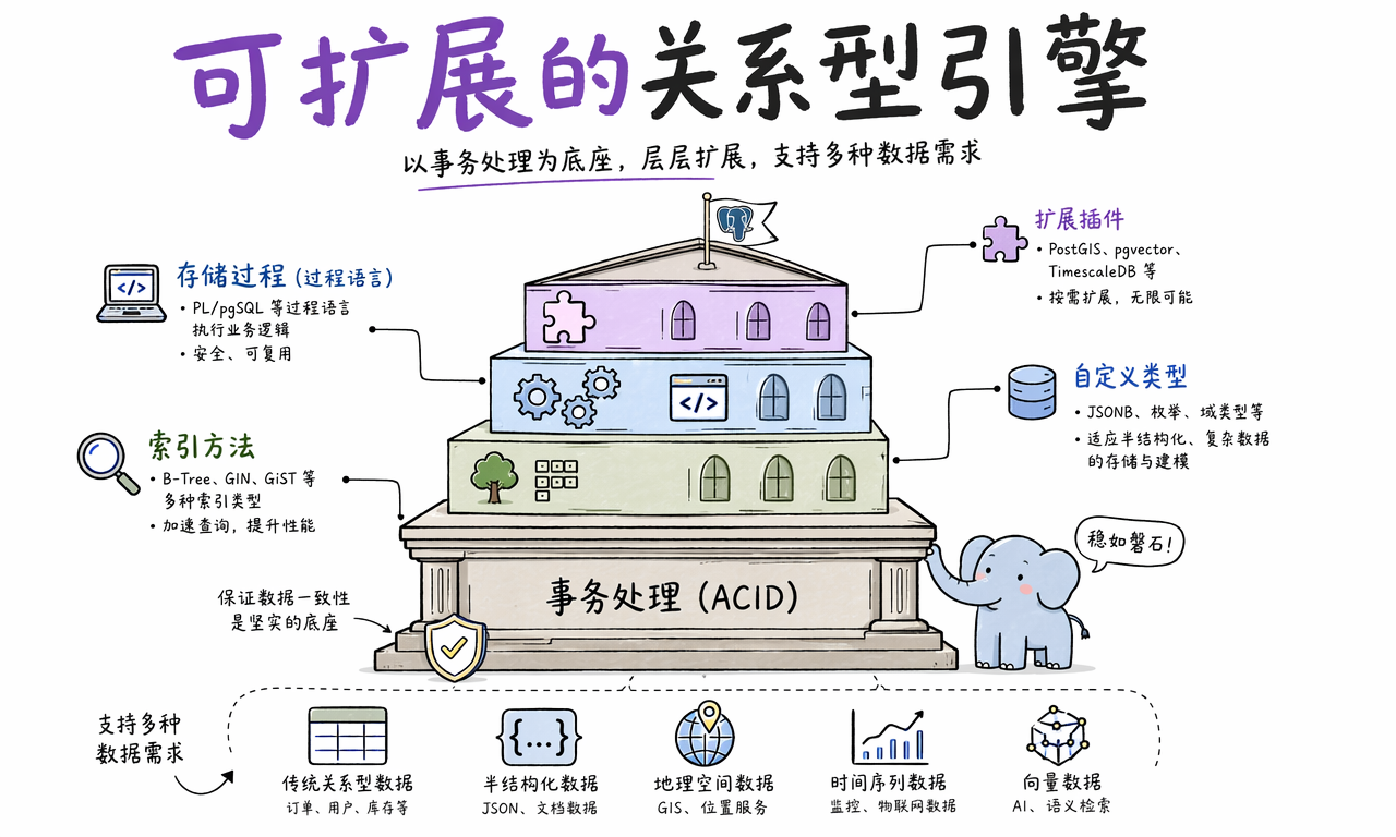 PostgreSQL 以 ACID 为底座并通过索引、类型、过程语言和扩展支持多类数据