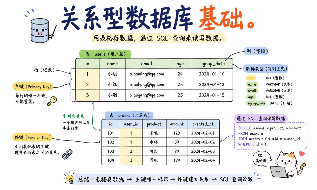 关系型数据库中的表、行、列、主键、外键和关联查询