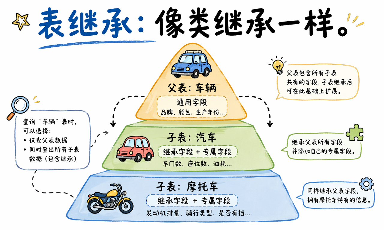 PostgreSQL 表继承用父表保存通用字段并让子表扩展专属字段