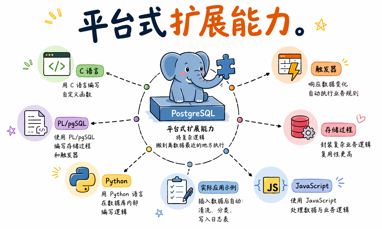 PostgreSQL 可通过过程语言、函数、触发器和扩展插件承载近数据逻辑