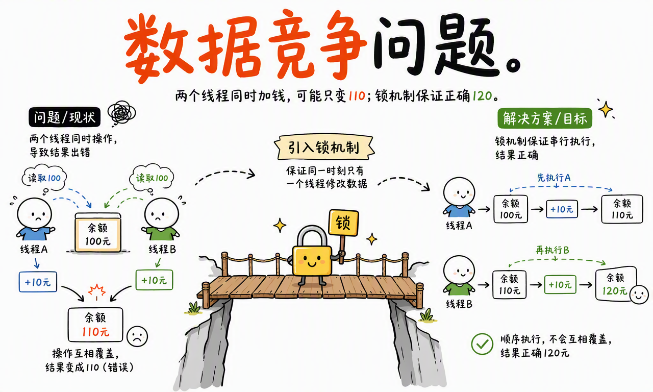 两个线程同时给余额加十元时可能互相覆盖,最终只增加十元