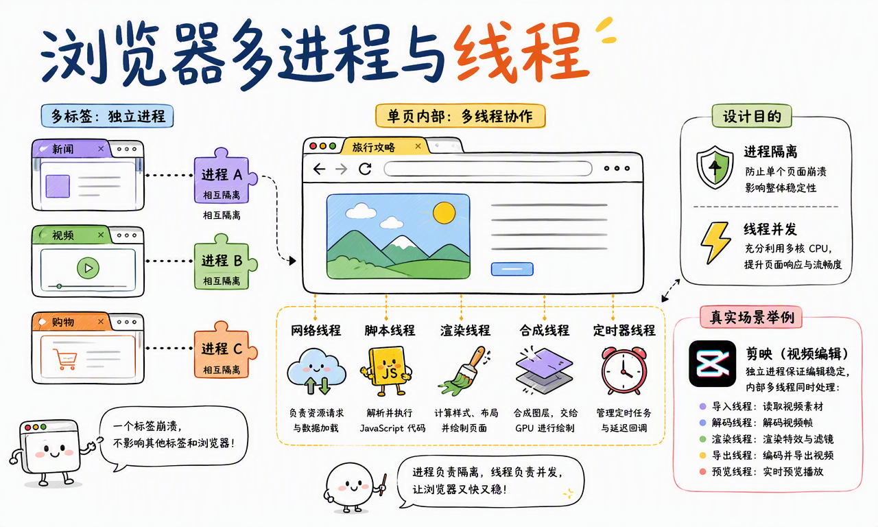 浏览器用多个进程隔离标签页,并在页面进程内用多个线程协作