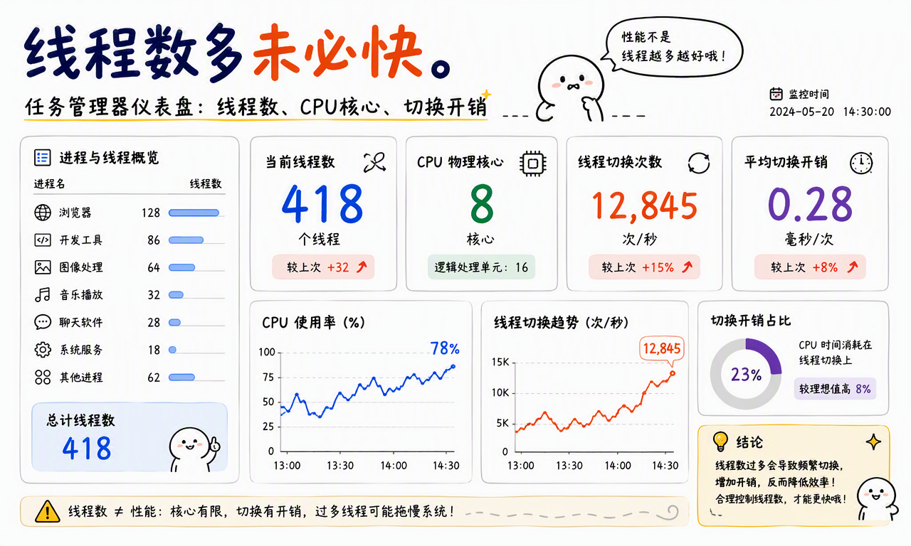 任务管理器显示大量线程以及 CPU、切换开销等运行指标