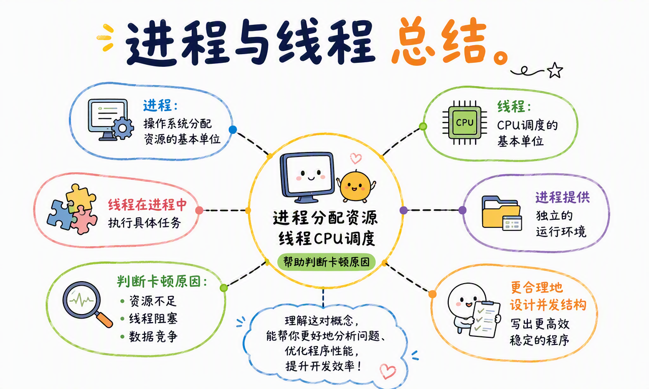 进程提供独立运行环境,线程执行任务,两者共同完成资源管理和 CPU 调度