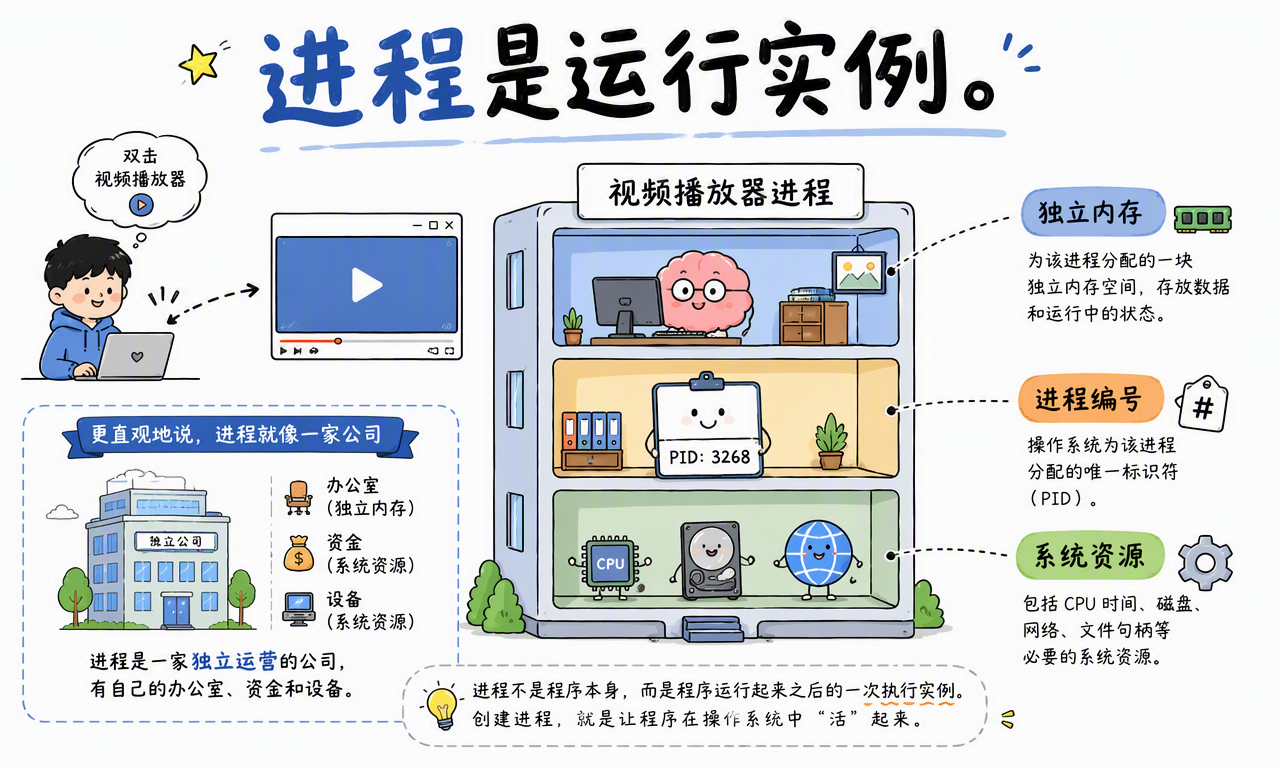 视频播放器启动后获得独立内存、进程编号和系统资源,成为一个进程