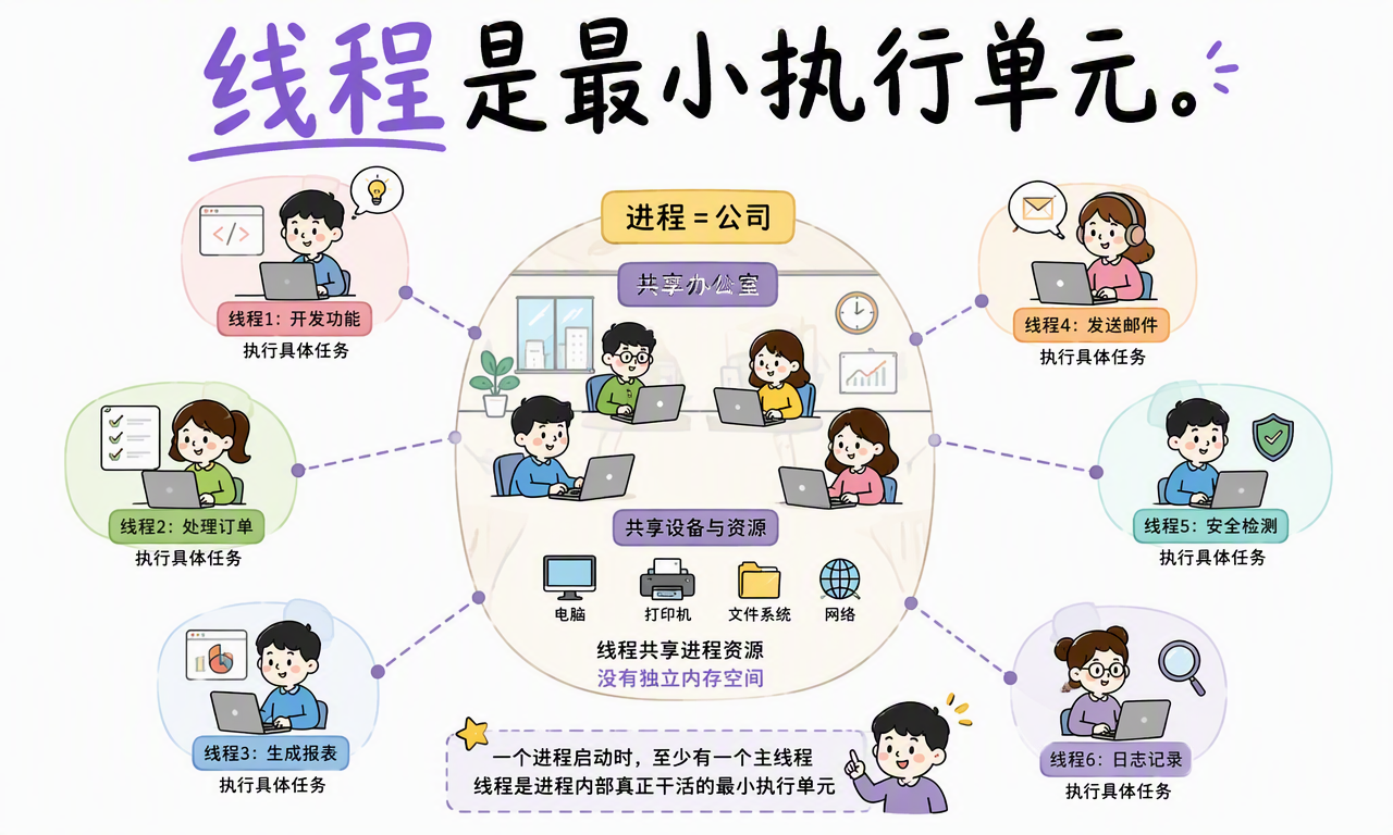 线程像公司里的员工,共享进程资源并分别执行界面、网络、音频等任务