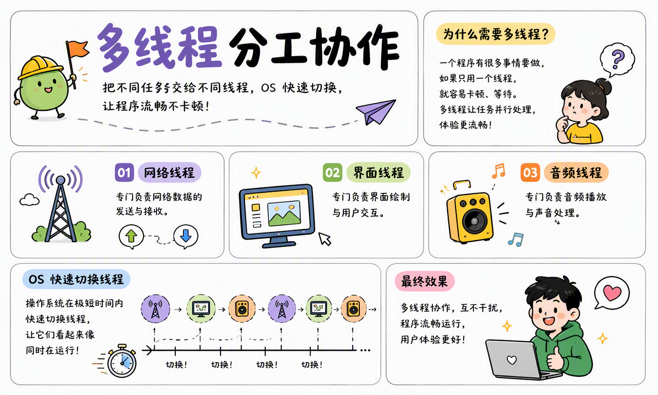 多线程把网络收发、界面刷新和音频播放拆给不同执行流协作处理