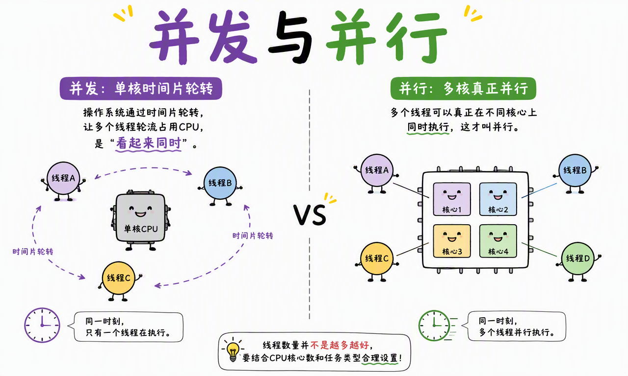 单核 CPU 通过时间片实现并发,多核 CPU 可以让多个线程并行执行