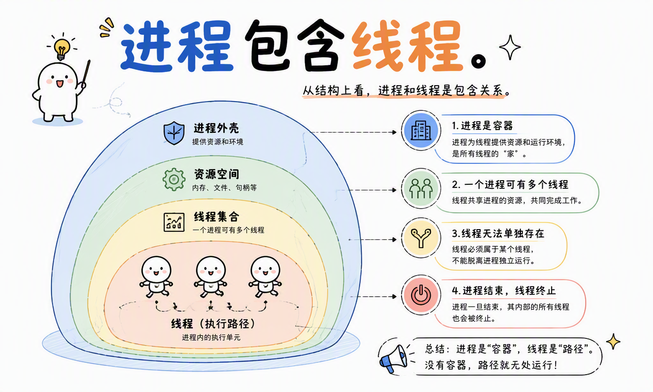 进程提供资源空间并包含多个线程,线程不能脱离所属进程运行