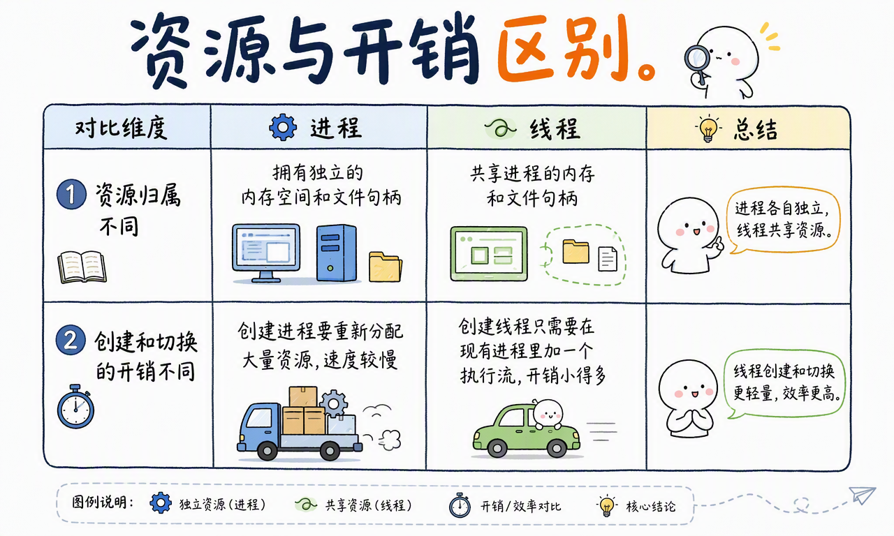 进程拥有独立资源且创建切换成本较高,线程共享资源且开销较低