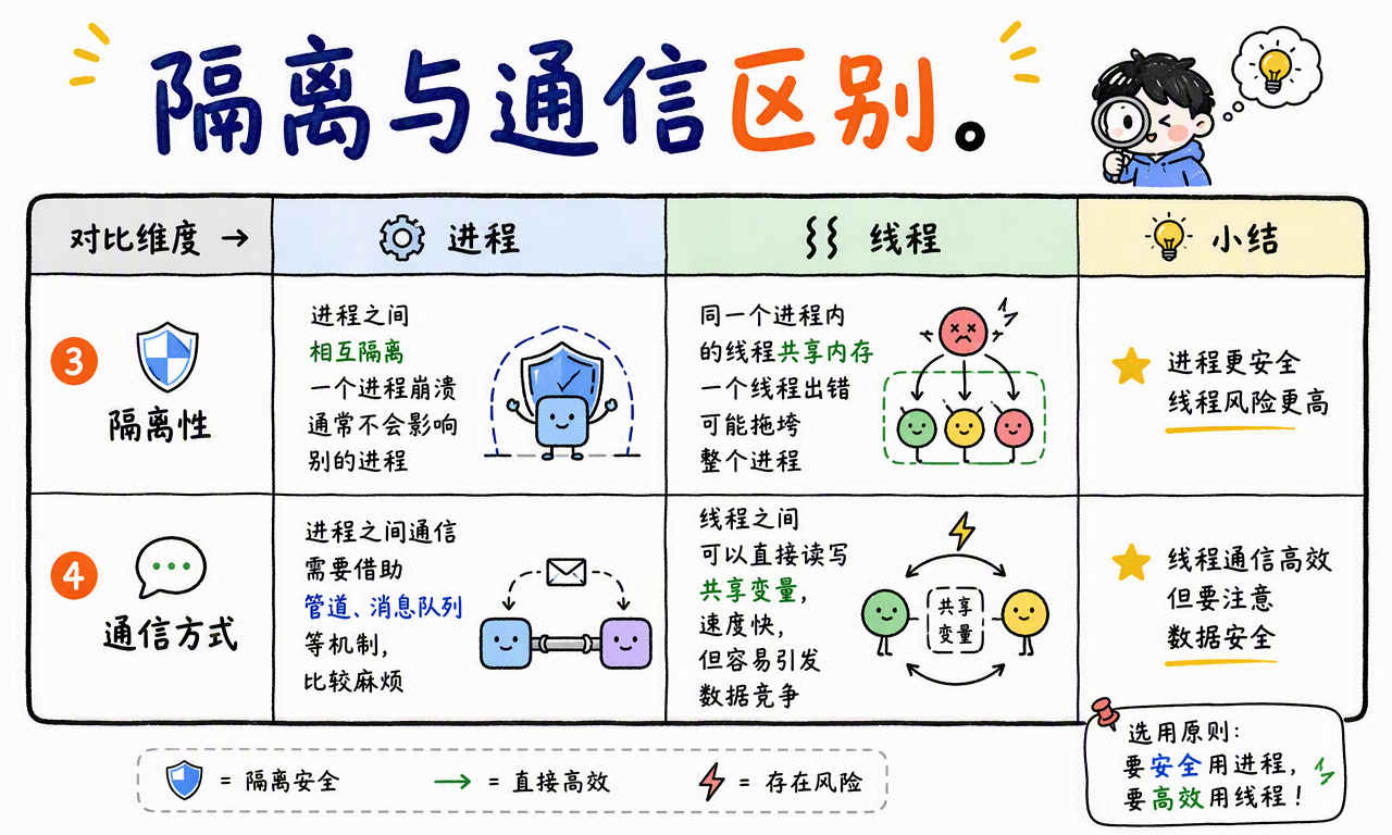 进程之间隔离性强但通信成本较高,线程共享内存但故障风险更高