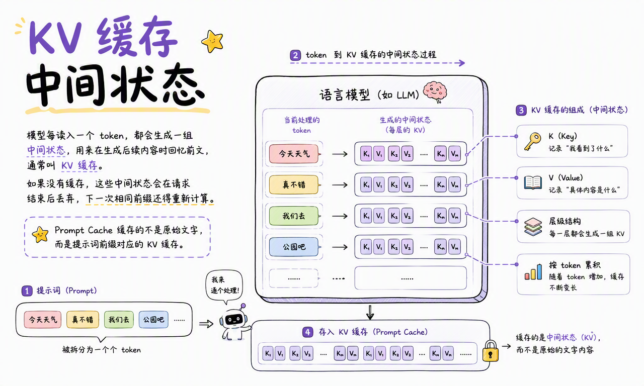 模型把提示词 Token 转换成可复用的 KV 中间状态