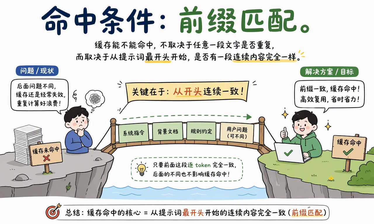 Prompt Cache 从提示词开头逐 Token 匹配稳定前缀
