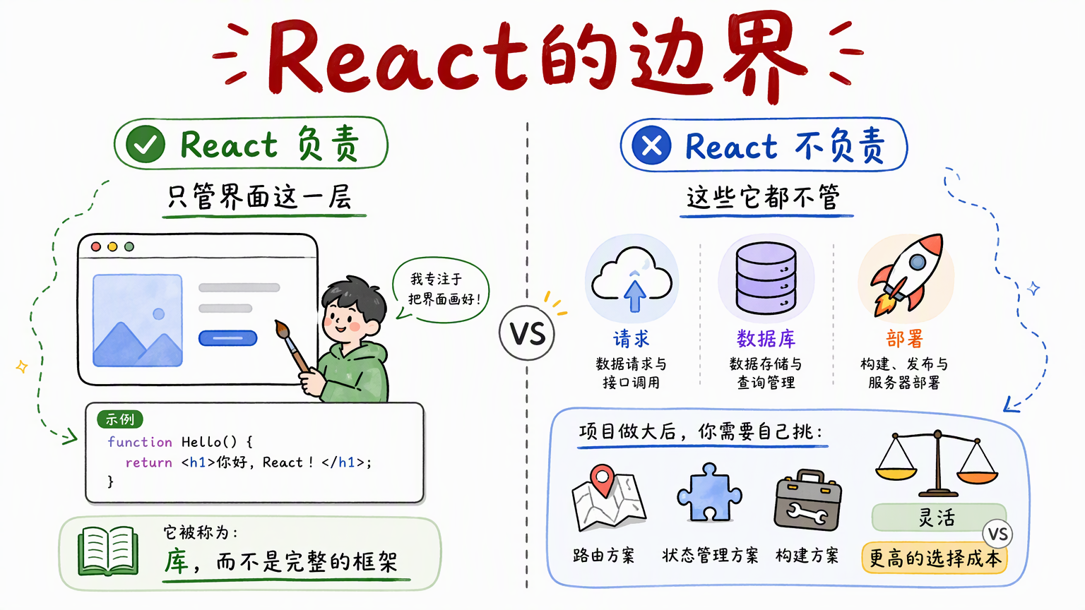 React 只负责界面层,请求、数据库、部署和路由方案需要项目自行选择