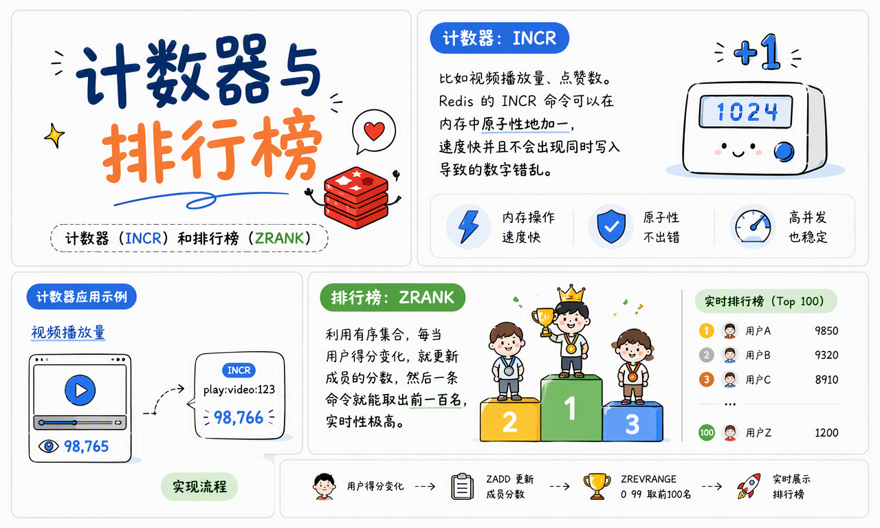 Redis 使用 INCR 实现原子计数,使用有序集合实现实时排行榜