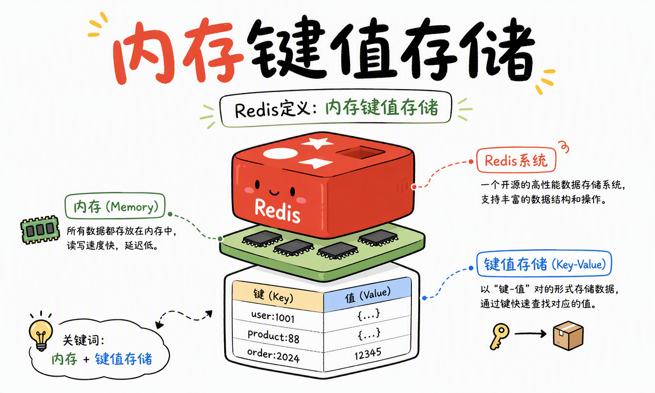 Redis 的核心定义是内存加键值存储,并支持丰富的数据结构