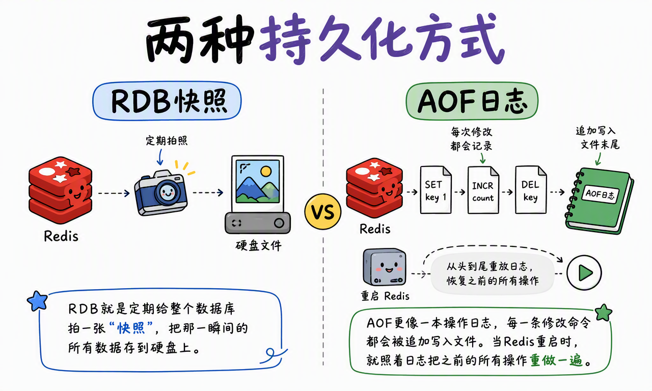 Redis 使用 RDB 快照和 AOF 追加日志实现持久化