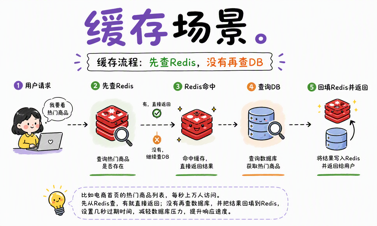 Cache Aside 模式先查询 Redis,未命中时查询数据库并回填缓存