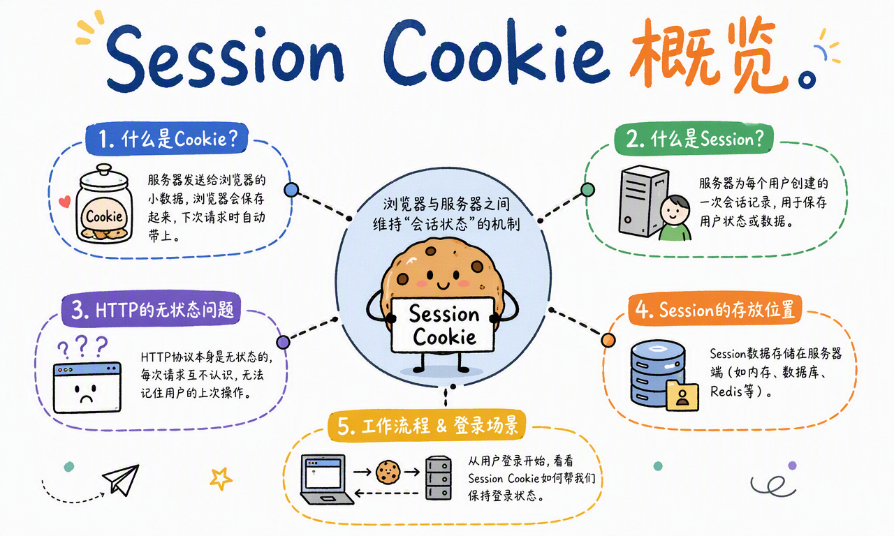 Session Cookie 的概览:Cookie、Session、HTTP 无状态问题、服务端存储和登录流程共同维持会话状态