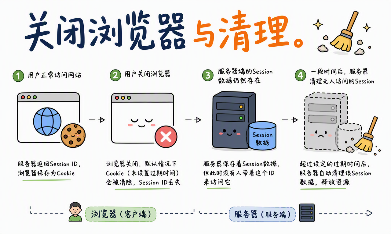 关闭浏览器后,客户端 Cookie 可能消失;服务器端 Session 通常等待超时后再清理