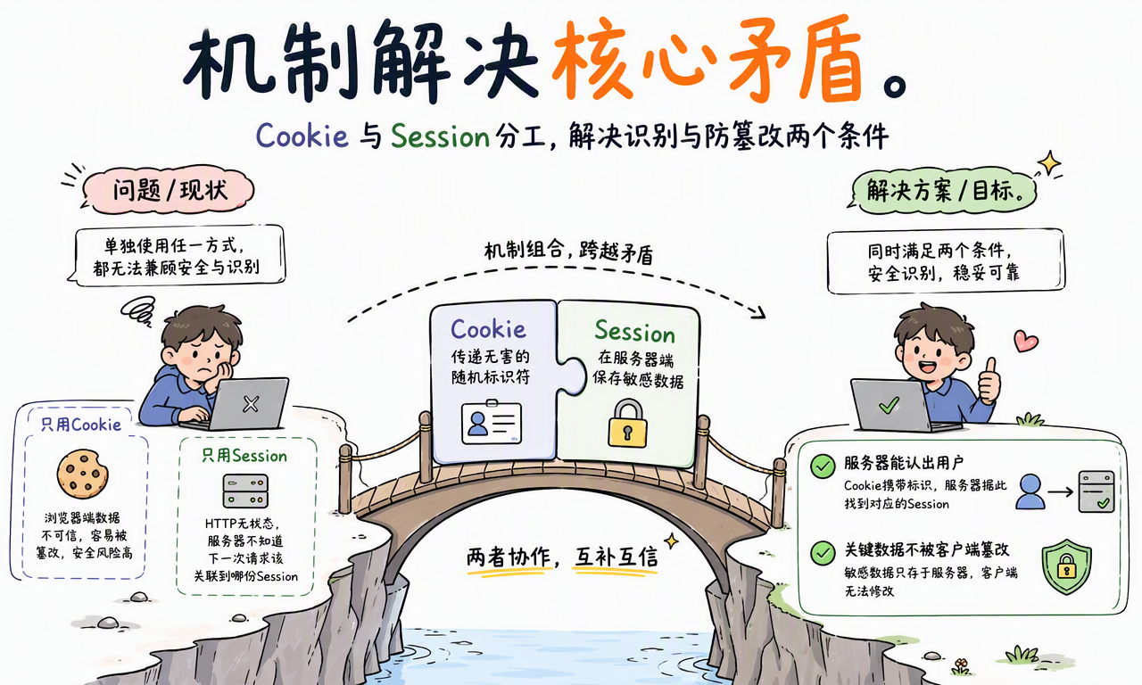 Cookie 与 Session 分工协作:Cookie 传递无害的随机标识符,Session 在服务端保存敏感状态