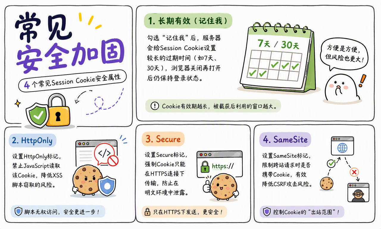 Session Cookie 的常见安全加固手段包括 HttpOnly、Secure、SameSite 和较短的有效期