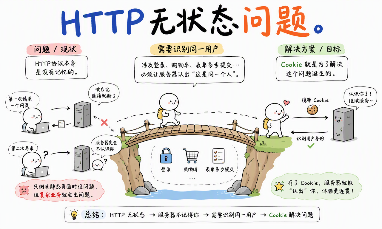 HTTP 无状态意味着服务器不会仅凭下一次请求记住用户之前的操作