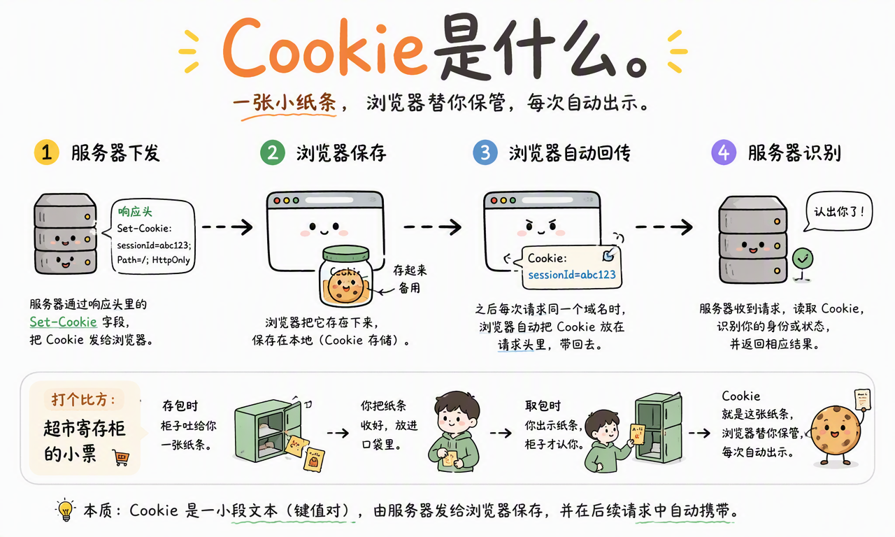 Cookie 由服务器通过 Set-Cookie 发给浏览器,浏览器保存后在后续请求中自动带回